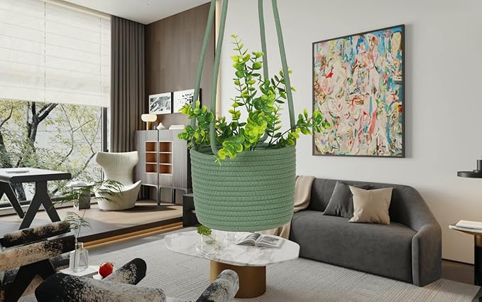 Hanging Planter Basket Jute Rope Woven Plant Hangers Indoor Hanging Plant Holder Up to 7" Pot Macrame Modern Storage Organizer Home Decor (Green)