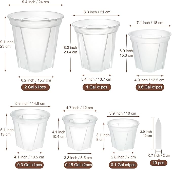 3.9-9.4 Inch Big Size Clear Nursery Pots with Drainage, 6 Sizes 10 Packs Nursery Garden Pots with 10 Plant Labels for Seedling Plants, Nursery Pots Variety for Indoor Outdoor Seed Starter Flower Pots