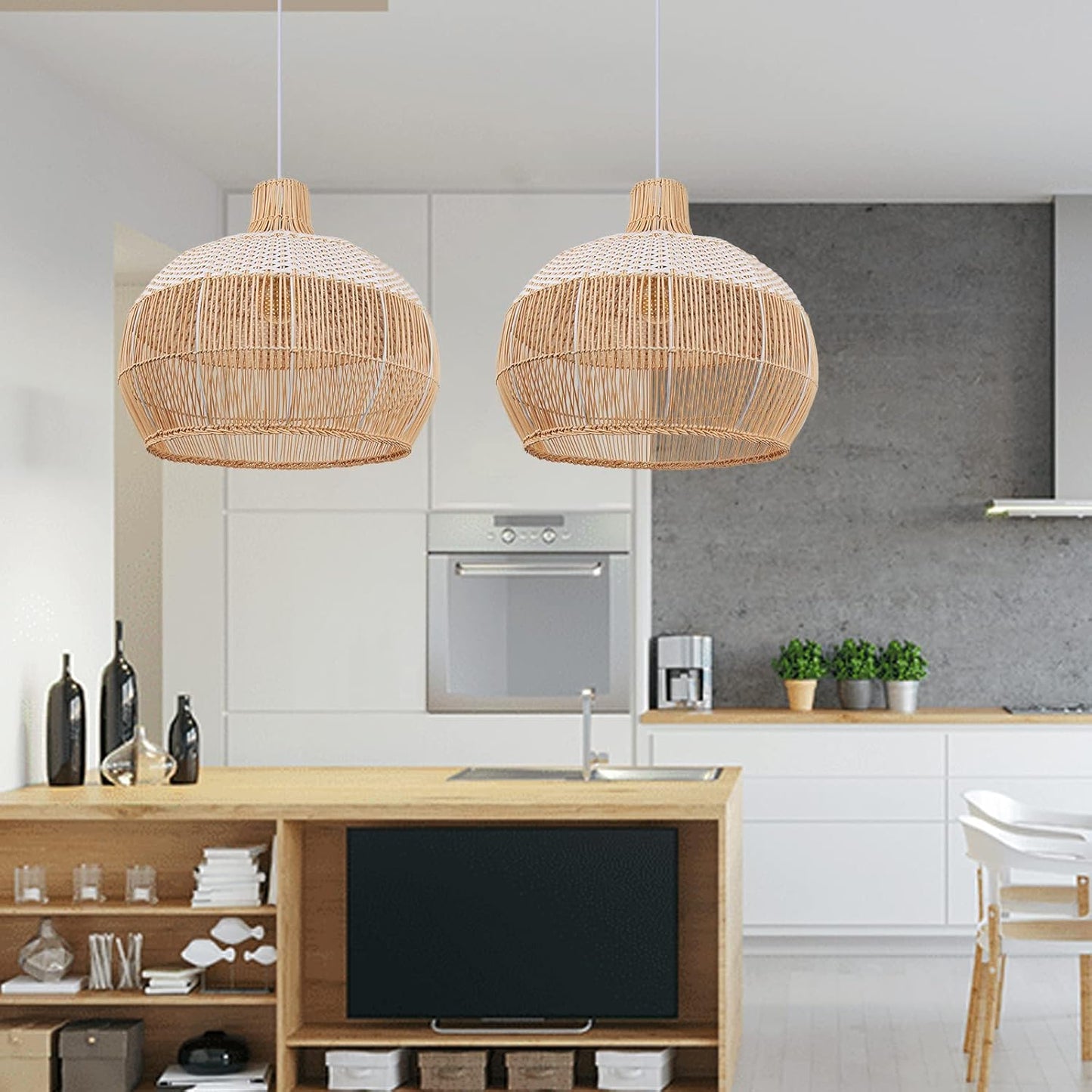 Arturesthome 1 Light White Rattan Pendant Light for Kitchen Island Sink,19.6" Wicker Chandelier, Handmade Woven Hanging Ceiling Light Lampshade