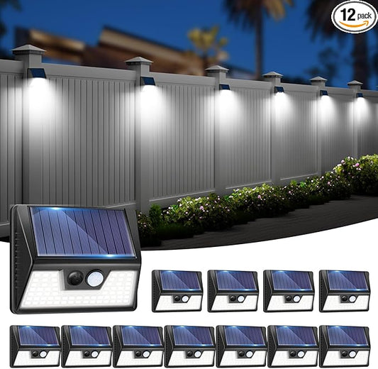 12 Pack Solar Fence Lights Waterproof, Motion Sensor Deck Lights Outdoor, Cold White LED Outside Lights Wireless for Wall Yard Steps Stairs Garden - Black