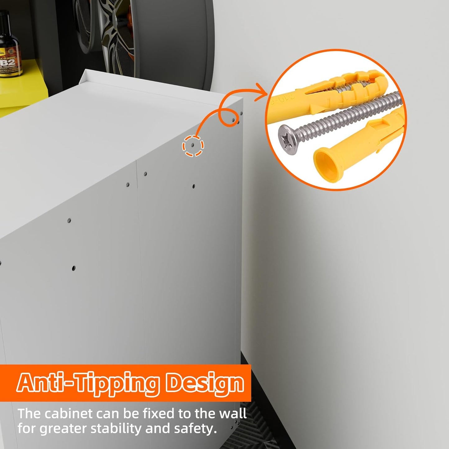 Garage Storage Cabinet with Wheels & Pegboard, 34.3" H Locking Metal Tool Storage Cabinet with Doors and Shelf & 4 Hooks for Garage, Home, Workshops, Assembly Required, White