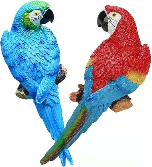 2Pcs Large Resin Parrot Decor Statues Lifelike Hawaiian Tropical Birds Decor, 12.5" Fake Parrot for Tiki Decoration Outdoor Garden Tree Wall Pool Macaw Statues Bird Lover Ornament Gifts(Blue and Red)