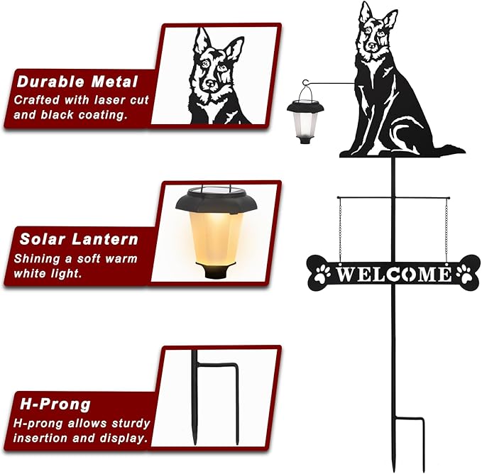BAYN Solar German Shepherd Silhouette Dog Breed Welcome Sign with a Lantern Outdoor Decorative Garden Stakes for Yard, Lawn, Patio, Pathway