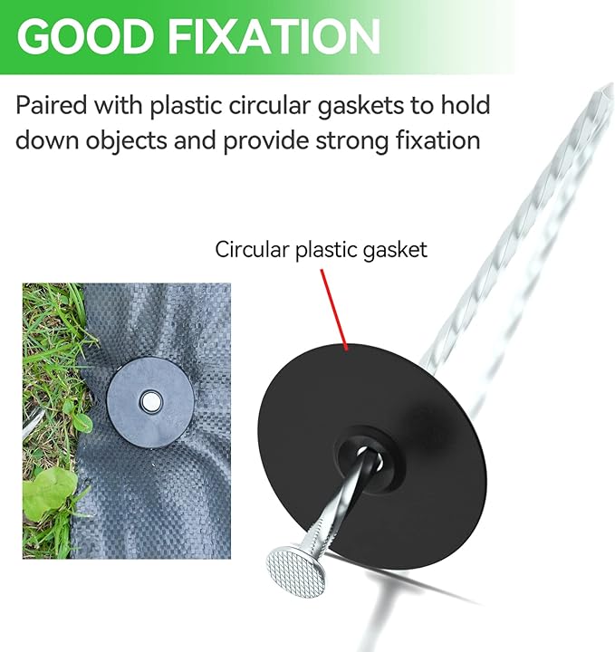200 Pack Landscape Stakes with Gasket Caps - 6.3 Inch Heavy-Duty Galvanized Steel Garden Spikes are Used to Fixing Weed Barrier, Artificial Lawn, Patio Rug, Etc