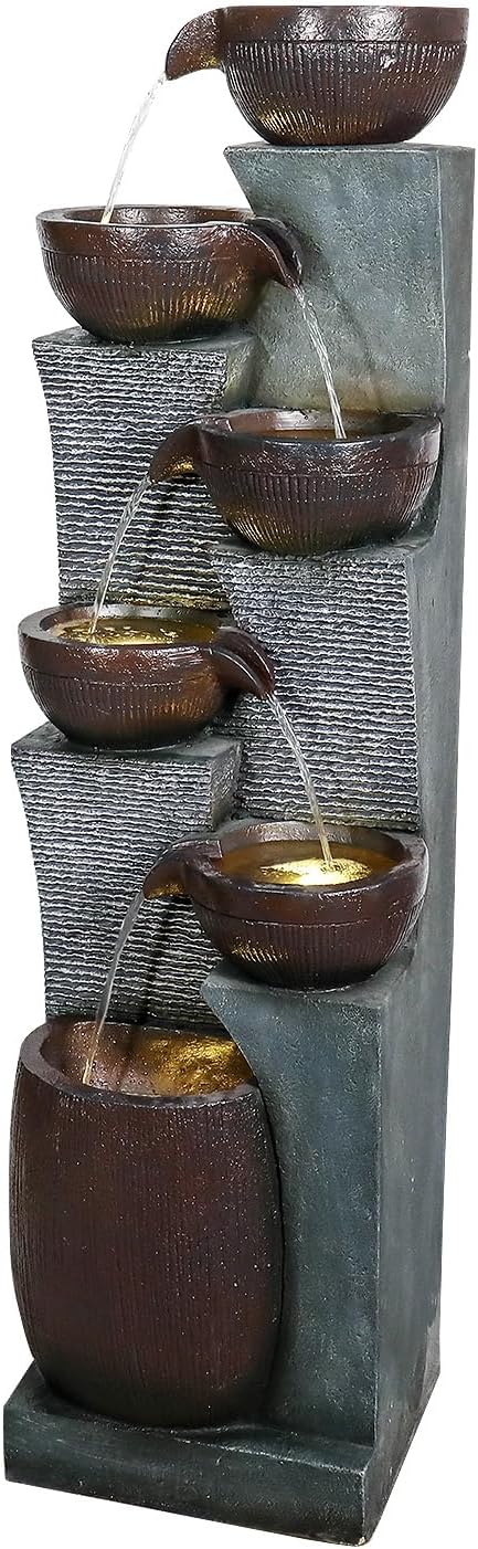 53.5in High Outdoor Indoor Water Fountain, 6-Tiered Poly-Resin Waterfall Fountain with LED Lights, Decorative Floor Standing Fountain for Garden, Patio, Yard, Home Decor