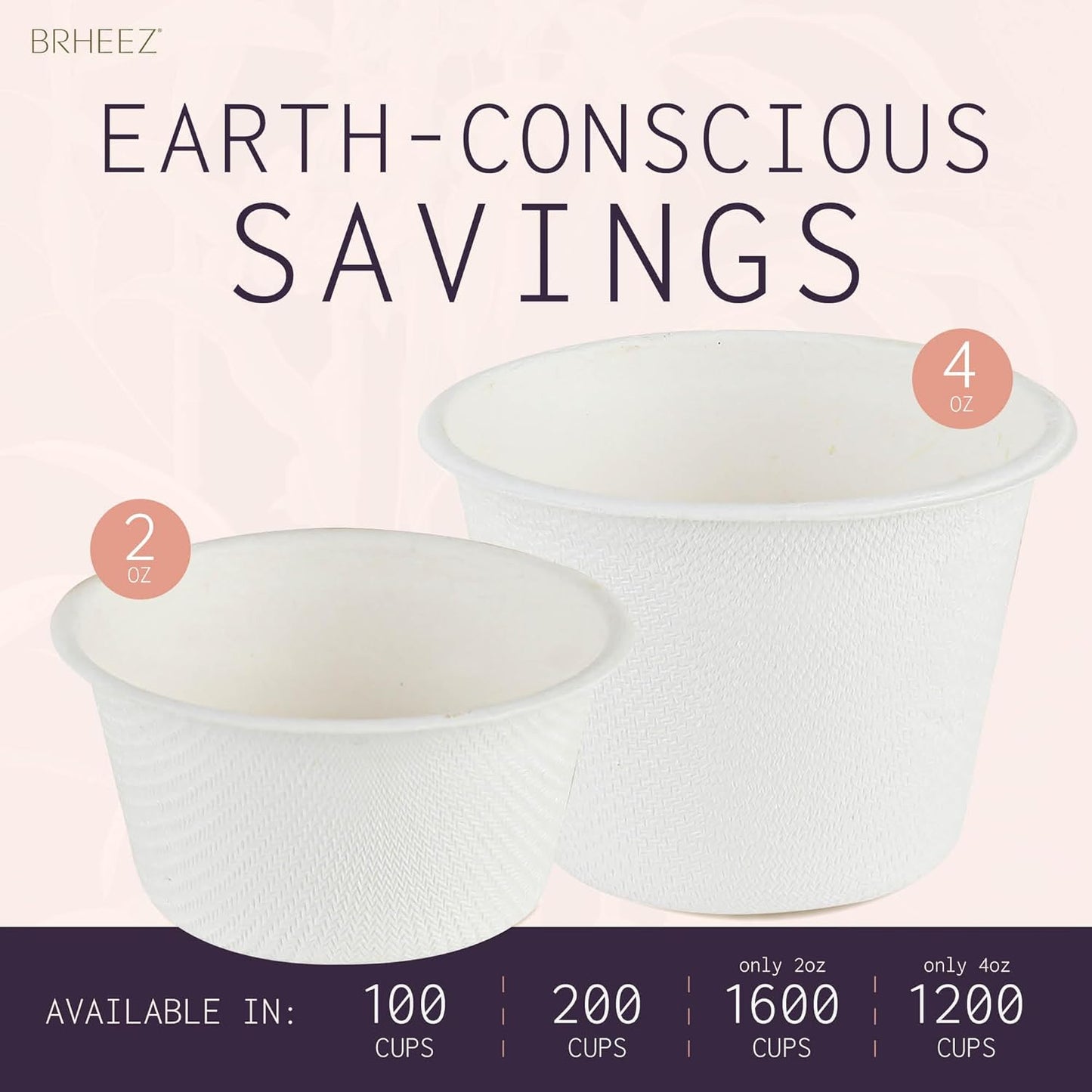 brheez 2 oz - Pack of 100 Disposable Bagasse Fiber Souffle Cups , 100% Natural Biodegradable & Compostable Perfect for Condiments Small Portion & Samples , Eco Friendly Paper Alternative - White