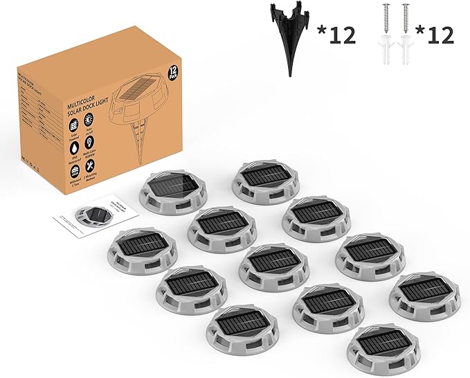 12Pack Aluminum Alloy Solar Driveway Lights, IP68 Solar Deck Light Marine Dock Lights Outdoor Waterproof, Multi-color LED Driveway Markers for Walkway, Path Decor [12Modes - Strobe/RGB/Fix-color]