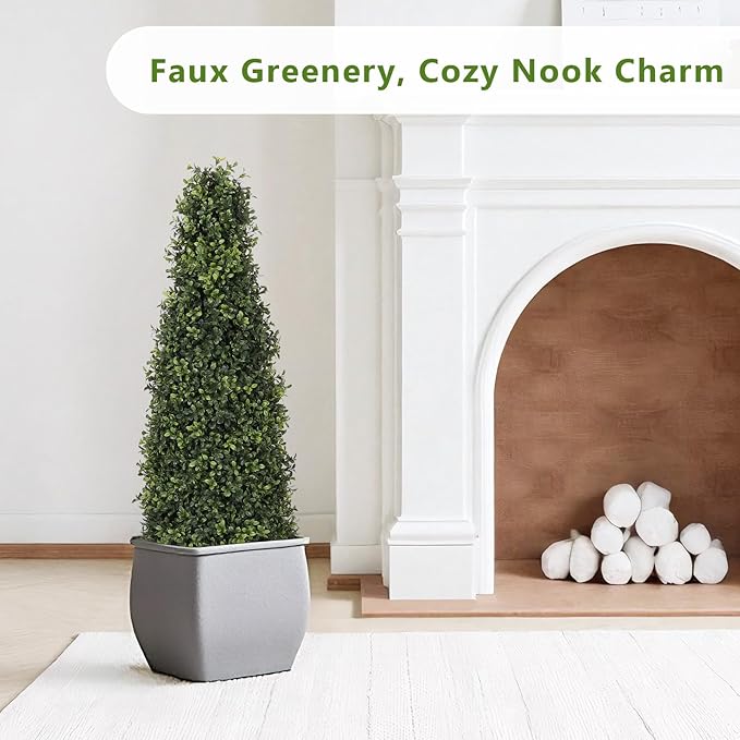 4ft Artificial Boxwood Topiary Trees (Set of 2) - UV Resistant Faux Plants Outdoor, Realistic 48in Fake Potted Bushes and Shrubs for Front Porch, Planter, Patio - Low Maintenance & Evergreen