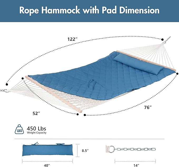 ANOW 2 Person Hammock with Detachable Large Hammock Pad and Pillow, for Garden Yard Outside, 450 LBS Weight Capacity, Blue