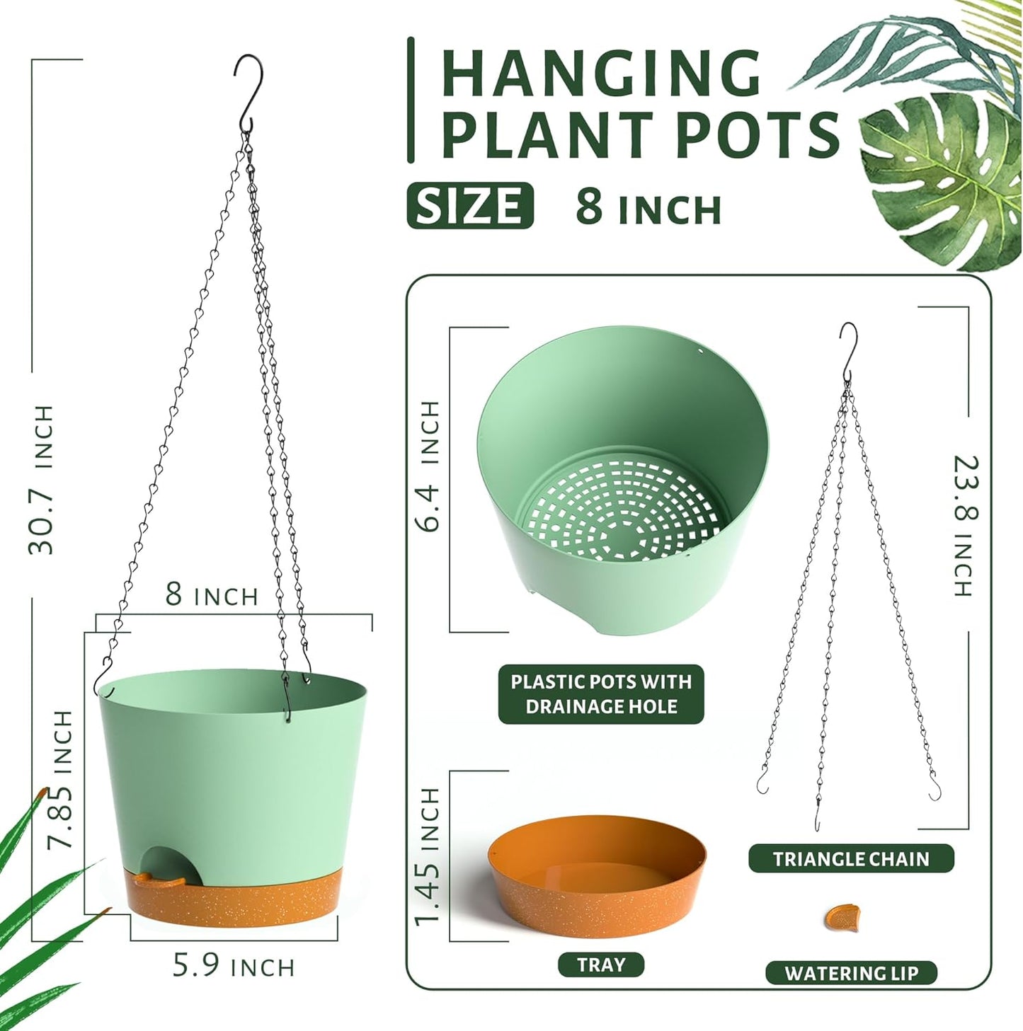 Hanging Planters for Indoor Outdoor Plants, 2 Pack Self Watering Hanging Pot with Drainage Holes and Plant Hangers, Hanging Baskets Flower Pots for Home Garden Decor (Green, 8 inch)
