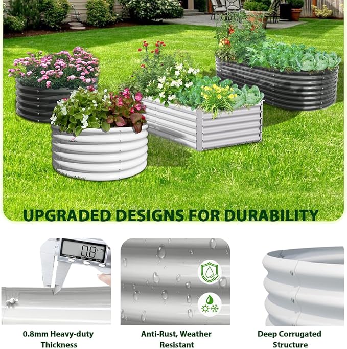 A ANLEOLIFE 8x4x2ft Galvanized Raised Garden Bed Kit, Oval Metal Deep Root Planters for Outdoor Plants Vegetables Flowers Herb, Large Bottomless, 478 Gallon Capacity- Antique White