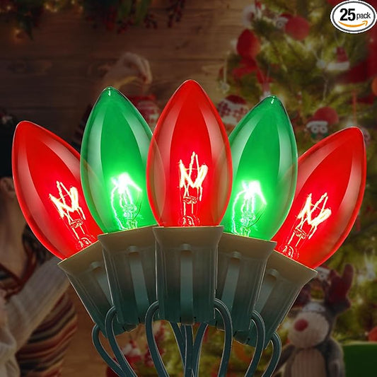 25FT Red and Green Christmas Lights,C9 Incandescent Christmas Lights with 26 Bulbs(1 Spare),Hanging Outdoor Christmas Lights for Home Garden Yard Xmas Tree House Decorations
