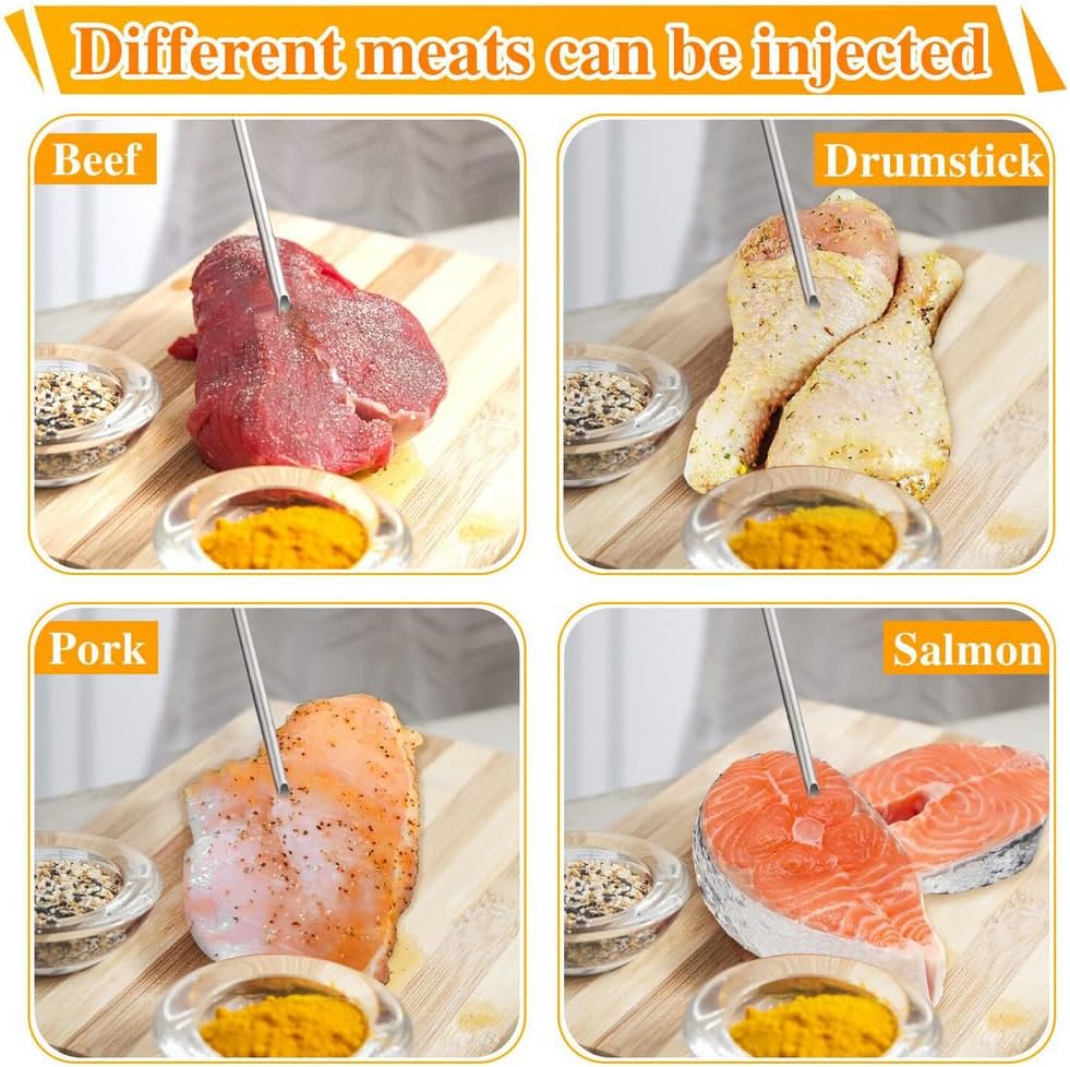 304-Stainless Steel Meat Injector Syringe Kit with 3 Marinade Needles for BBQ Grill Smoker, Turkey, Brisket, Beef, Fish, 2-oz Large Capacity, Silicone Brush and Cleaning Brush