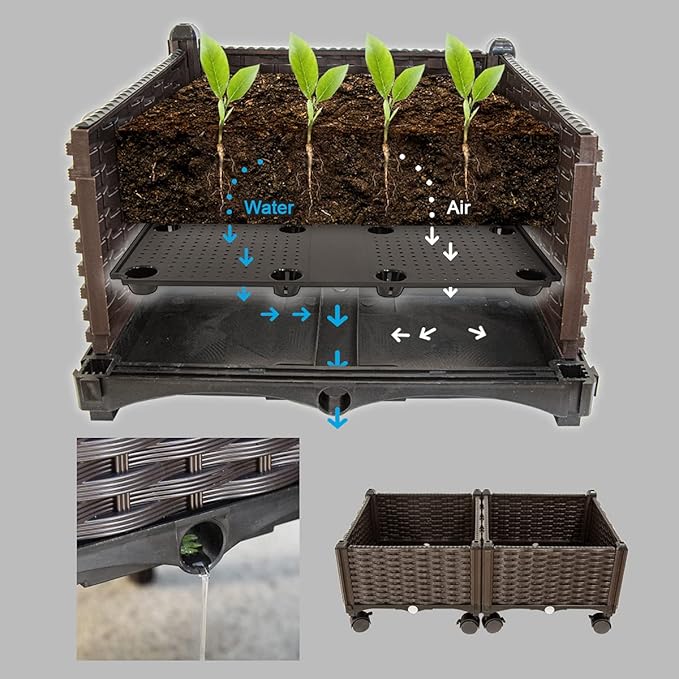 Barton 2 Pieces Rolling Garden Bed Brown Plastic w/Self-Watering Design Outdoor Elevated Planter Box Kit Wheels Mobile