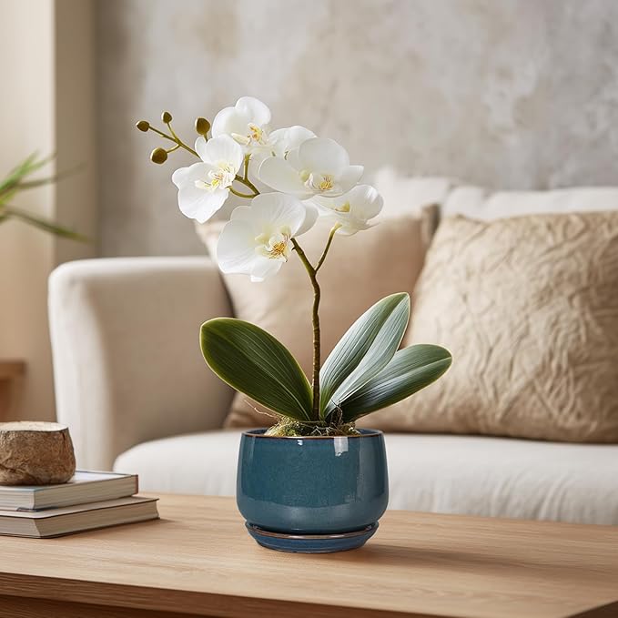 G EPGardening Ceramic Pots for Plants - 4 inch Plant Pots for Indoor Outdoor, Small Planter with Drainage Hole & Tray, Modern Succulent Pots, Round Planter, Office Decor, Home Gifts, Retro Blue