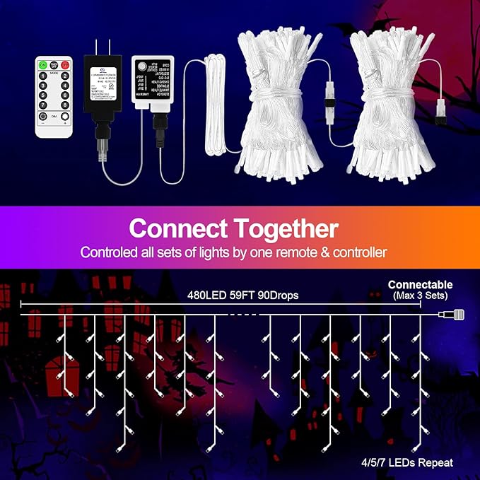 480 LED 49FT Halloween Lights Plug in 8 Modes with Timer Dimmable Halloween Decorations Outdoor Waterproof Indoor Curtain String Lights for Roof Porch Garden Holiday Wedding Party Decor Orange+Purple