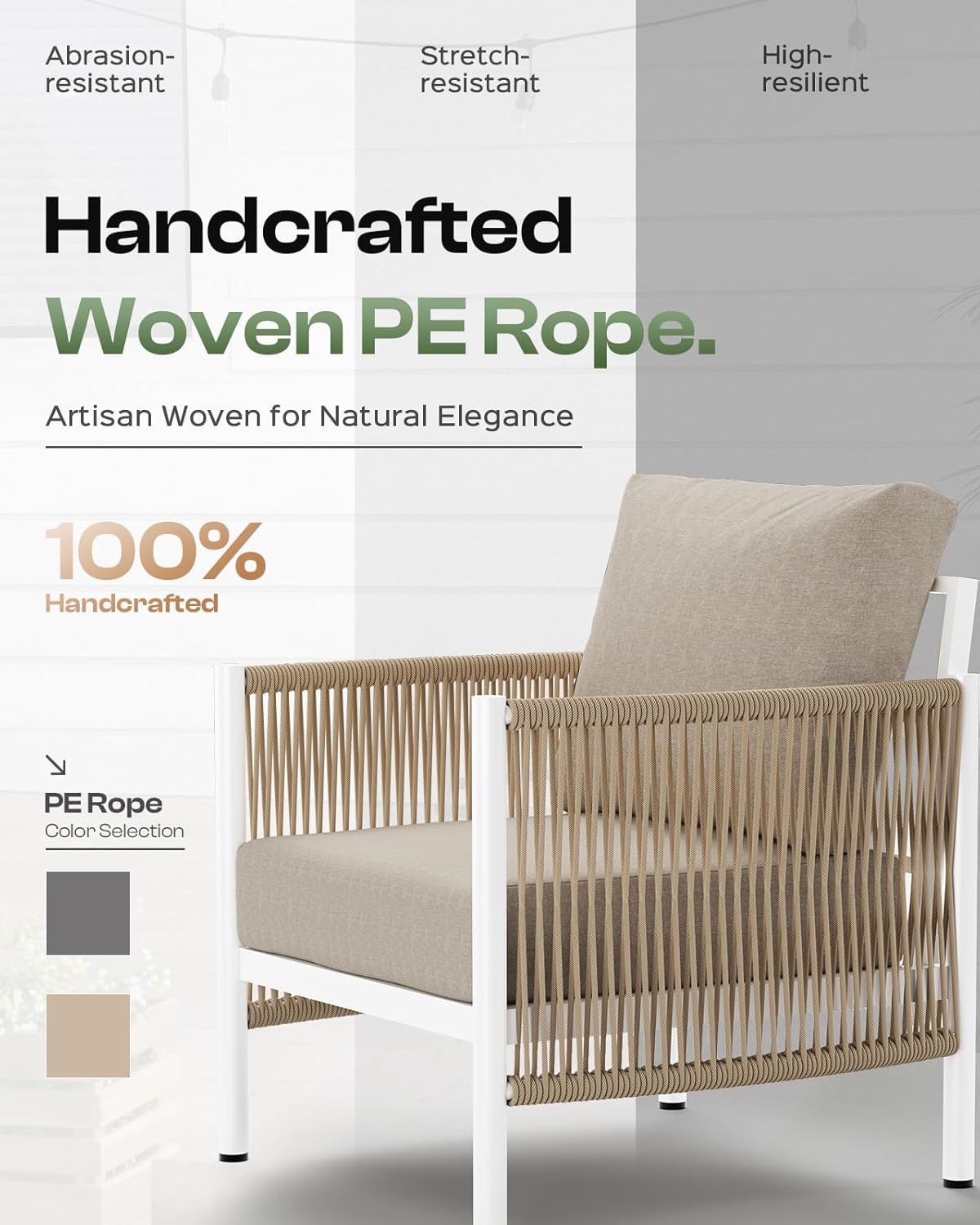 Aluminum Outdoor Patio Couch, 3 Seats HDPE Rope Patio Sofa with Washable Thick Cushion, All-Weather Patio Furniture for Balcony, Yard, White Frame, Ivory