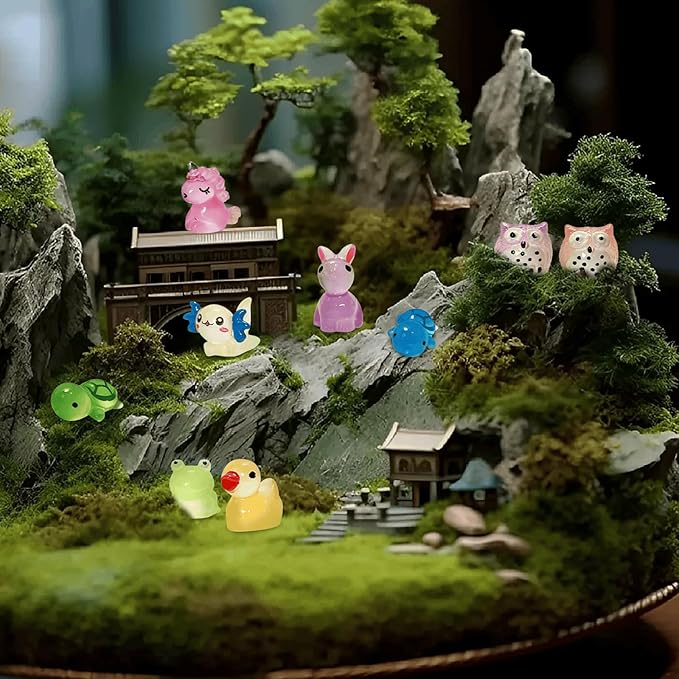 49PCS Tiny Resin Bulk Animals Miniature Figures Ornament Luminous Transparent Multicolor Dollhouse Decor Accessorie for Garden Aquarium Potted Ornament