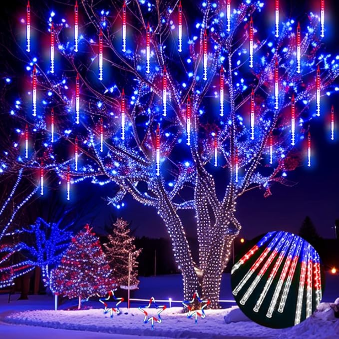 Aokudoni 4th of July Decorations Outdoor, 16 Inch Red White and Blue Meteor Shower Lights for Independence/National/Memorial Day, LED Christmas Lights Outdoor for Yard Garden Tree Holiday Party