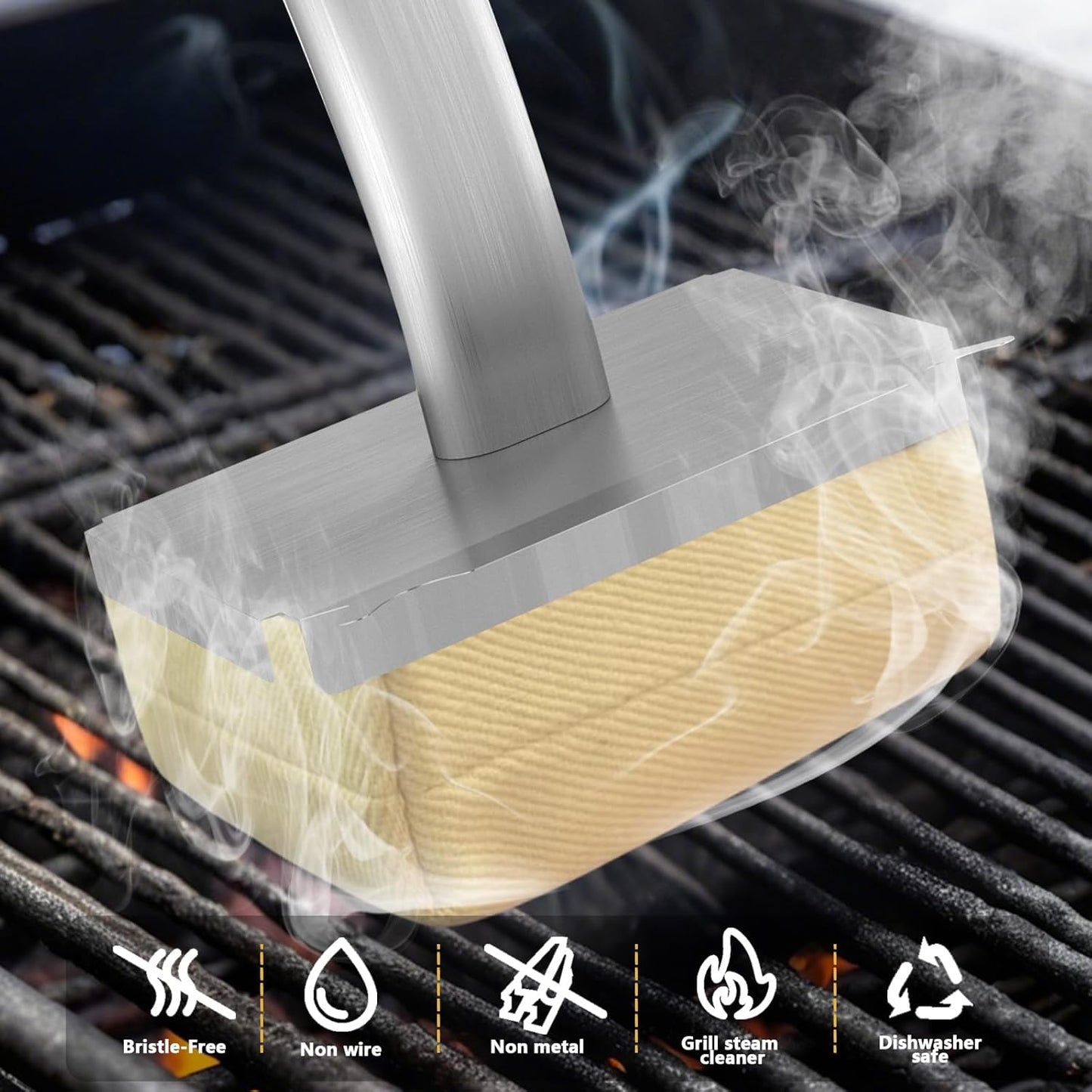 Grill Brush Bristle Free with Long Handle,Non Metal Grill Scraper for Outdoor BBQ,Stainless Steel Safe Steam Cleaner, Includes 2 Replaceable Heads for Grilling Effortless Blue