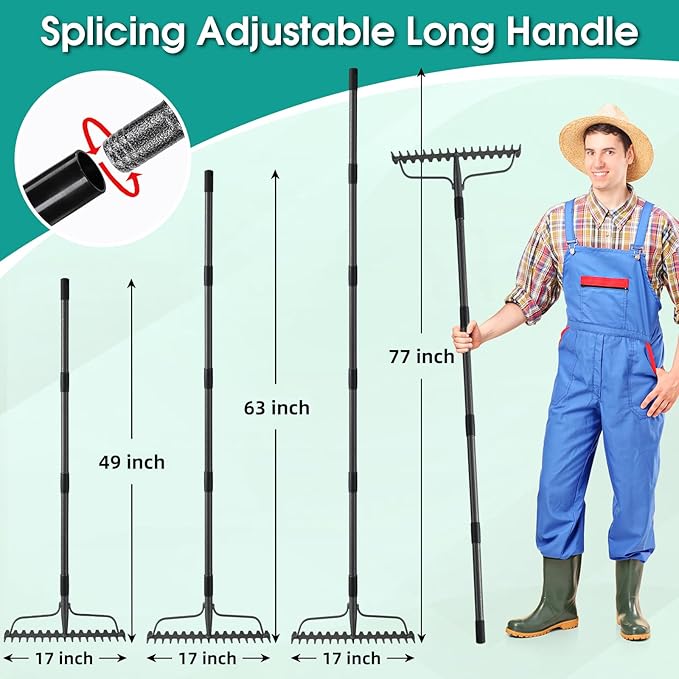 Garden Rake: 49" Metal Garden Leaf Rake with 17 Tines, Heavy Duty Bow Rakes for Lawn Yard Leaves Debris Mulch Gravel Thatch Clean,Lawn Care Gardening Landscaping