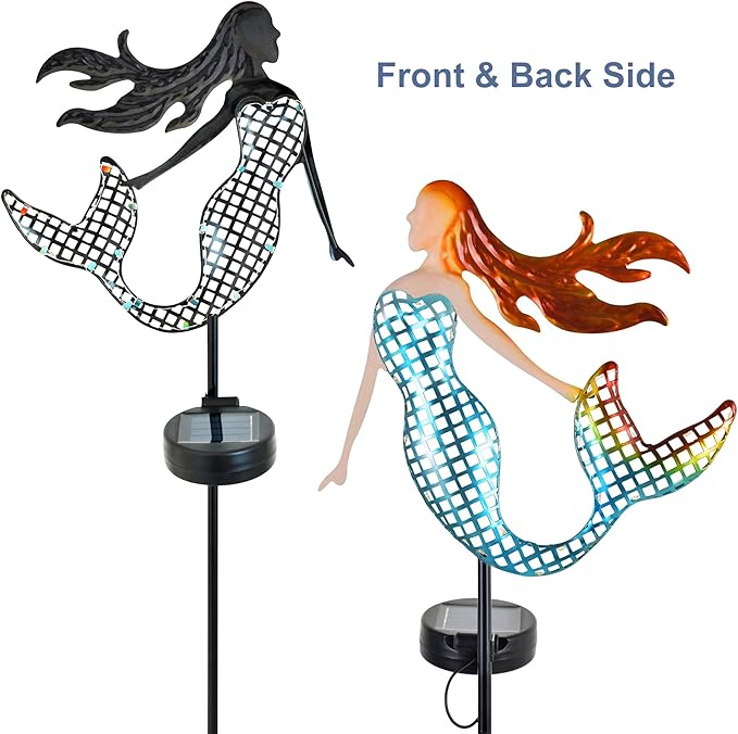 ARTER Solar Garden Stake Lights, Metal Mermaids Ocean Nautical Outdoor Waterproof Solar Pathway Lights with 3.6 Feet 22 LED Fairy Lights for Yard Patio Lawn Poolside, 37 Inches Tall (Pack of 2)