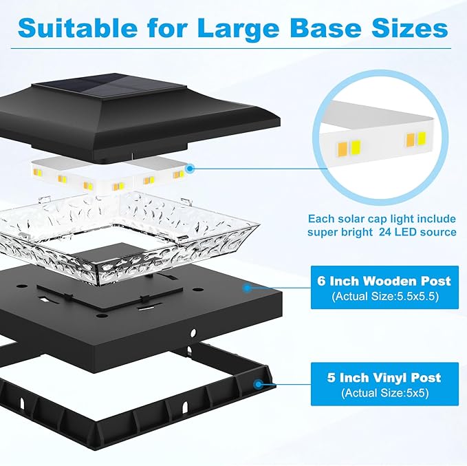 4 Pack Solar Post Cap Light Outdoor Fence Cap Lights 2 Color Modes 24 LEDs for Wooden/Vinyl Post, Waterproof Deck Patio Decoration Fits 5x5, 5.5x5.5 or 6x6 Wooden Posts (3000k/6000k)