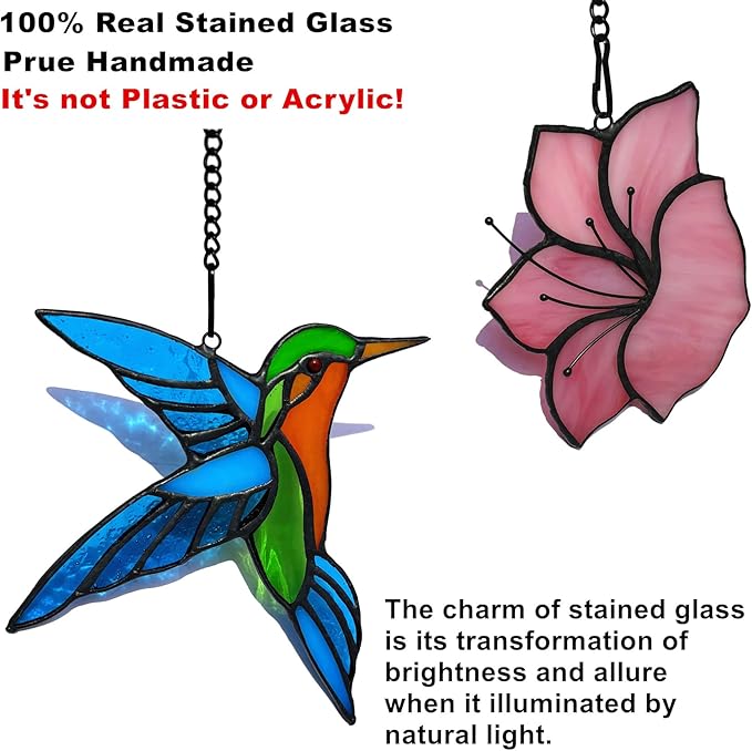 2 Pack Stained Glass Hummingbird with Flower Suncatcher for Window Hanging Ornament, Sun Catchers Indoor Window, Stained Glass Birds with Flower Gifts for Women, Mom, Birds Lovers