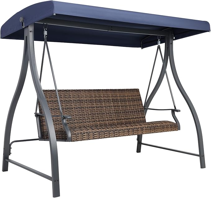 BPS 3 Seat Outdoor Porch Swing with Adjustable Canopy, PE Wicker Patio Swing Chair with Quick-Drying Foam Seat, 882 LBS Capacity, Proch Swings for Deck, Backyard, and Lawn, Dark Blue