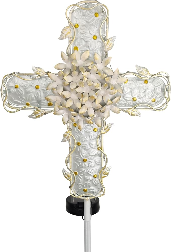 38Inch Solar Cross Garden Lights Outdoor Decorative - Solar Metal&Glass Cross White Hydrangea Flower Stake Lights- Waterproof 20 Warm White LED for Remembrance Gifts & Sympathy Gifts.