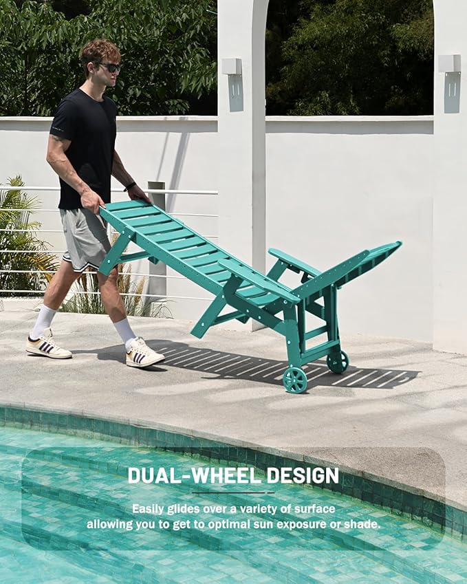Lounge Chair Outdoor Set of 2, HDPE Chaise Lounge Chair Outdoor with 6-Position & Wheels &Cup Holder, Pool Lounge Chair for Pool Poolside Deck Backyard Patio, Lake Blue