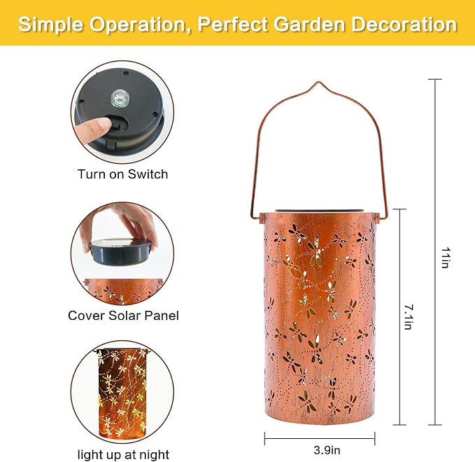 4 Pack Solar Lanterns Outdoor Hanging Lantern Lights, Dragonfly Hollowed-Out Metal Decor Lantern, Waterproof LED Decorative Garden Light - Delicate Garden Decoration for Patio, Yard