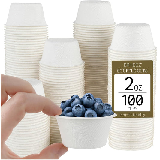brheez 2 oz - Pack of 100 Disposable Bagasse Fiber Souffle Cups , 100% Natural Biodegradable & Compostable Perfect for Condiments Small Portion & Samples , Eco Friendly Paper Alternative - White