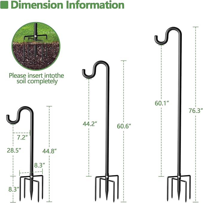 76" Shepherds Hooks for Outdoor, Extra Thick Bird Feeder Pole with 5 Prong Base, Adjustable Shepards Hook for Garden, Weddings, Hanging Plant