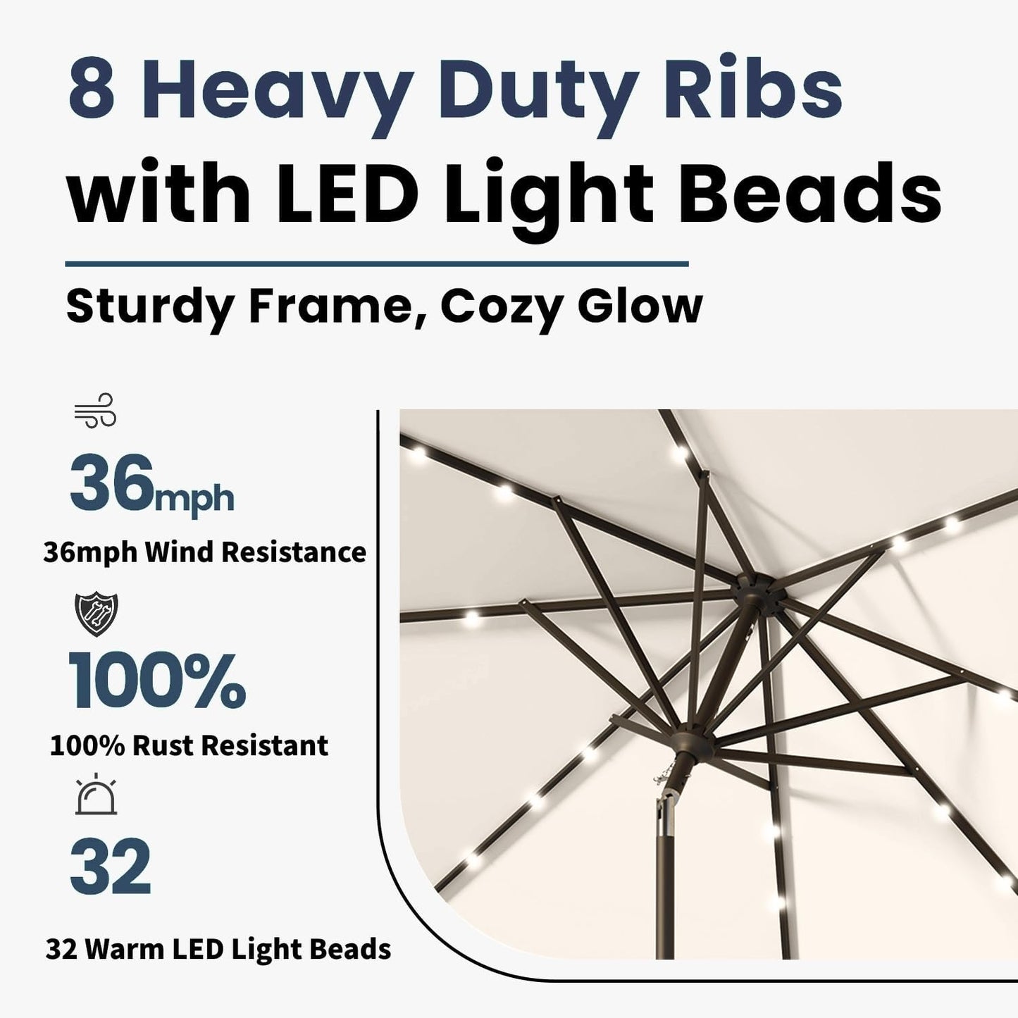 10FT Solar Umbrella 32 LED Lighted Patio Umbrella Table Market Umbrella w/Tilt and Crank, UV-Resistant Outdoor Umbrella for Pool, Garden, Deck, Creamy White