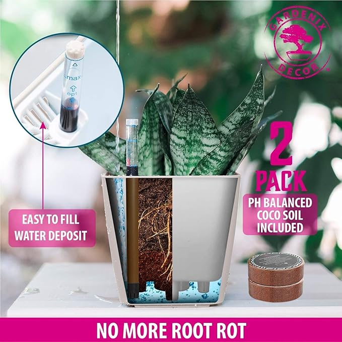 GARDENIX DECOR 5" Self Watering pots for Indoor Plants - Flower Pot with Water Level Indicator for Plants, Grow Tracking Tool - Self Watering Planter Plant Pot – 2 Pack White