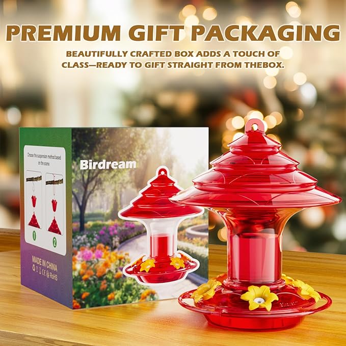 Birdream Hummingbird Feeder for Outdoors Hanging, 20oz Hummingbird Feeders with 5 Bee Guard Feeding Ports & Built-in Ant Moat Brush Leak-Proof for Outside Gifts for Women - Solid Red