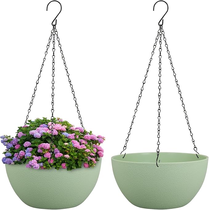 8 inch Small Hanging Planters Plant Pots for Indoor Outdoor Plants, 2 Pack Hanging Flower Pots with Drainage Holes and Chain for Garden Porch, Plastic Hanging Baskets for House Plants, Green
