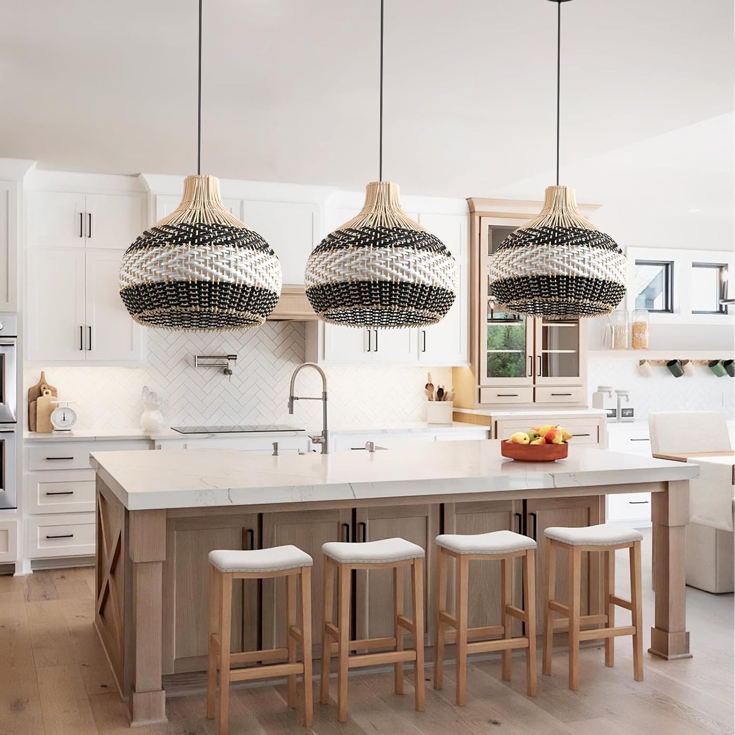 3-Light Rattan Pendant Light,Hand-Woven Black White Faux Rattan Hanging Light 15" Boho Basket Wicker Chandelier,for Living Room Bedroom Kitchen Dining Hallway 1-Pack