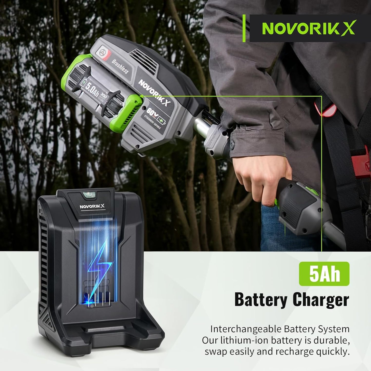 60V Lithium Ion Cordless String Trimmer, 17 Inch Two Speed Brushless String Trimmer with 5.0Ah Battery and Charger