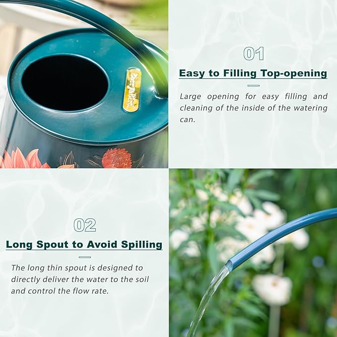Berry&Bird House Plants Watering Can - Indoor & Outdoor 1/2 Gallon Stainless Steel Water Can with Long Spout Garden Decoration for Flower Bonsai Succulent Gardening Large Watwer Bottle(2L/68oz,Dahlia)