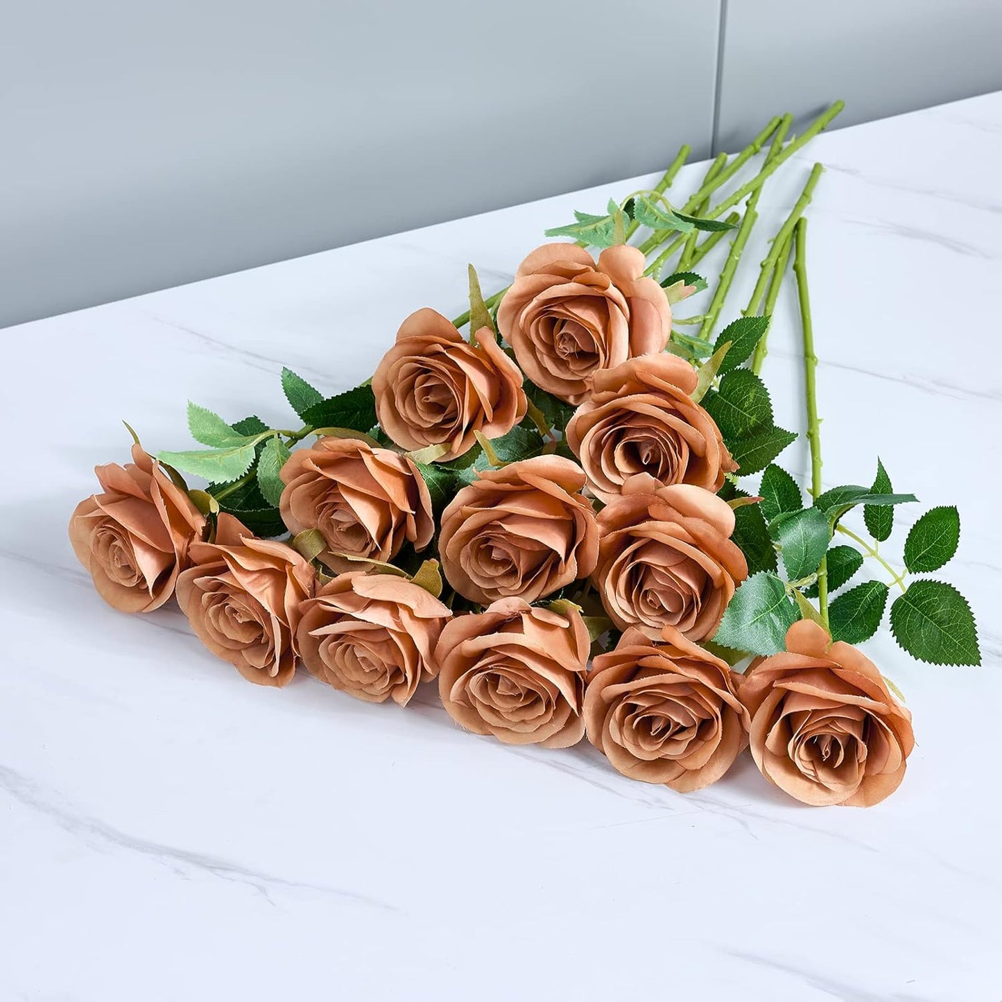 12pcs Rose Artificial Flowers Fake Roses Dusty Orange Silk Roses Orange Silk Flowers Rose with Long Stems for Wedding Home Party Centerpieces Decorations