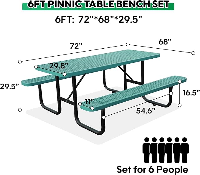 6FT Metal Picnic Tables for Outdoors, Commercial Rectangular Picnic Table and Bench Set for Outside, Patio, Garden, Backyard, Porch, Surface Mount, Green