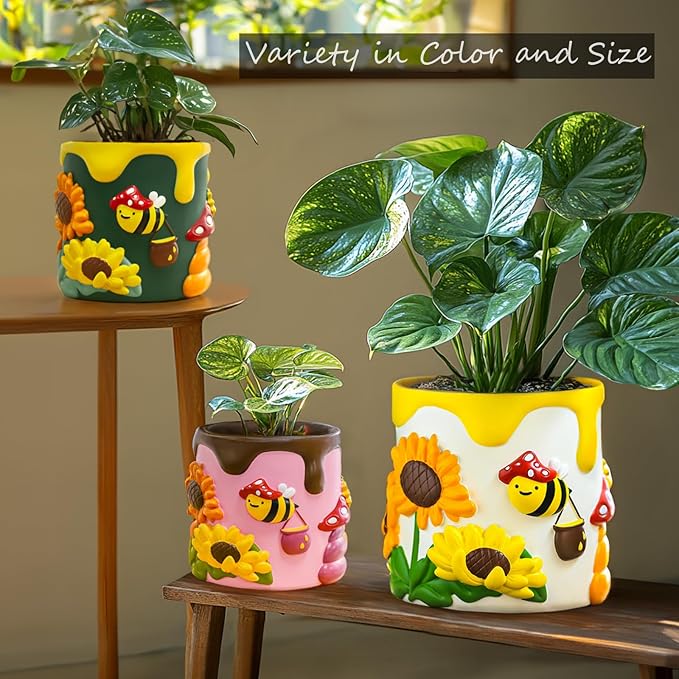 GUGUGO Colorful Bees and Sunflowers Plant Pots, Cute Unique Succulent Planters with Drainage, Rainbow Small Mushrooms Flower Planters Pots for Indoor Plants, Funny Eclectic Home Decor, Dark Green