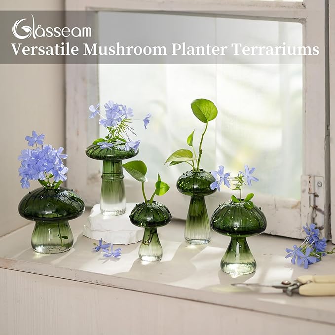 Glasseam Mushroom Plant Propagation Stations: Green Glass Terrarium Jar Set of 5 Cute Planters for Indoor Plants Mini Propagate Station Unique Christmas Birthday Gifts for Women Home Office Decor