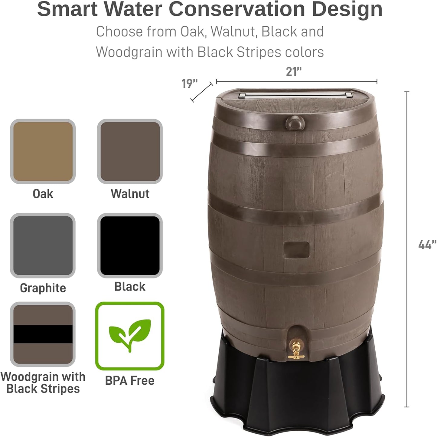 50-Gallon Rain Barrel, Flat Back Rain Water Collection Barrel, Stand and Link Kit Included, Walnut Color (2 Pack)