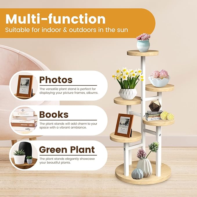 GEEBOBO 5 Tier Plant Stand Indoor, Metal Wood Plant Stands For Indoor Plants Multiple, Corner Tiered Flower Plants Shelf Stand for Living Room Bedroom, White