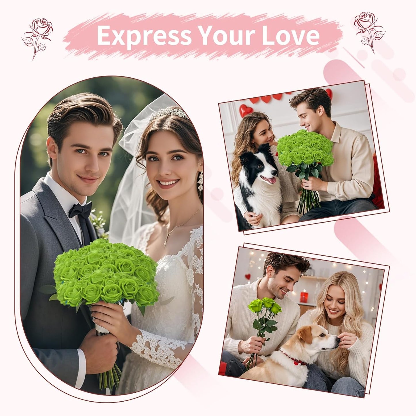 55 PCS Fake Roses Artificial Flowers Bulk, Green Roses Bridal Bouquet Silk Faux Rose with Stems for Wedding Flowers Decoration, Valentine's Day, Bridal Bouquet, Anniversary,Home Decor (55PCS, Green)