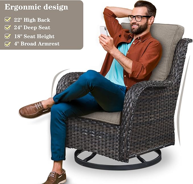 5 Piece Outdoor Patio Furniture Set - Wicker Furniture Patio Conversation Set, Outdoor Swivel Rocker Chairs with 3-Seater Sofa and 2 Ottomans for Small Space, Gray Cushion