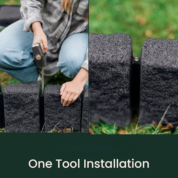 Beuta Landscape Edging | Garden Edging Border | Faux Stone Block XL for Lawn Edging, Flower Beds & Yard Edging – 40 Pack | Each Section Has 6 Blocks 48" L x 4" W x 9.5" H | 120 Spikes | Charcoal